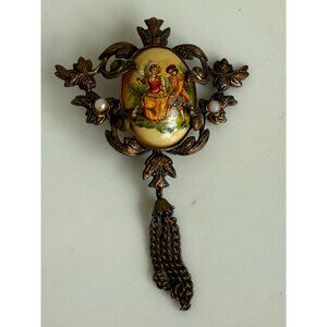 Vintage 60s Victorian Revival Courting Couple Brass Dangle Brooch